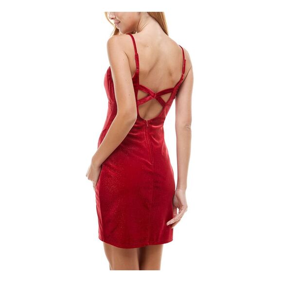 CITY STUDIO Womens Body Con Short Dress Red Spaghetti Strap Velvet Juniors 15 - Picture 2 of 2